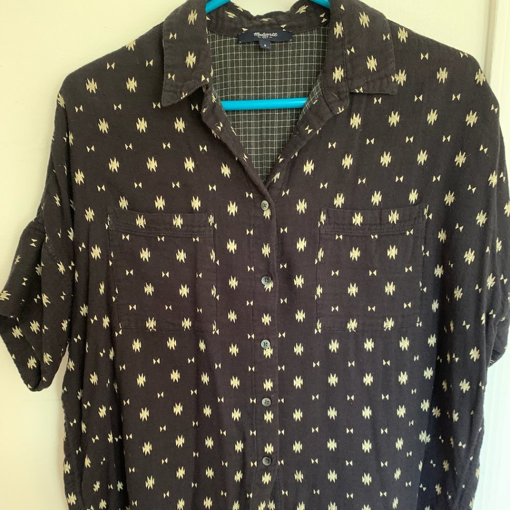 Madewell Black Button-Up with Cream Ikat Print